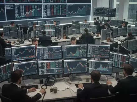 Börsenparkett mit konzentrierten Händlern an Computermonitoren mit abstrakten Marktdaten. - Foto: über boerse-global.de