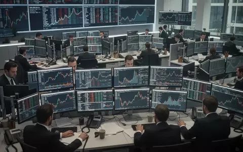 Börsenparkett mit konzentrierten Händlern an Computermonitoren mit abstrakten Marktdaten. - Foto: über boerse-global.de
