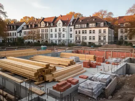 Baustelle für ein neues Mehrfamilienhaus in einer deutschen Stadt mit Baumaterialien und angrenzender Wohnbebauung. - Foto: über boerse-global.de