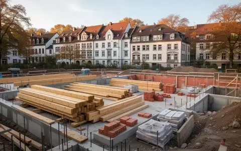 Baustelle für ein neues Mehrfamilienhaus in einer deutschen Stadt mit Baumaterialien und angrenzender Wohnbebauung. - Foto: über boerse-global.de