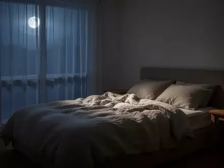 Ein minimalistisch eingerichtetes Schlafzimmer bei Nacht mit sanftem Mondlicht, das durch Vorhänge fällt und eine ruhige Atmosphäre schafft. - Foto: über boerse-global.de