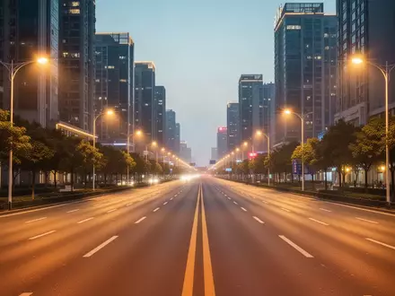 Eine leere, beleuchtete Stadtstraße in Guangzhou bei Dämmerung, die den urbanen Raum für autonome Mobilitätstests darstellt. - Foto: über boerse-global.de