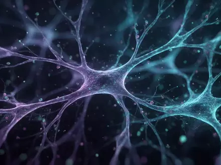 Mikroskopische Aufnahme von Gliazellen und neuronalen Netzwerken mit fluoreszierender Färbung in Blau- und Violetttönen. - Foto: über boerse-global.de