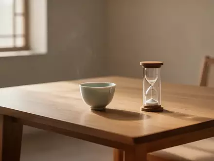 Ein minimalistischer Raum mit einem leeren Teegeschirr und einer Sanduhr in natürlichem, weichem Morgenlicht. - Foto: über boerse-global.de