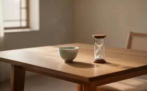 Ein minimalistischer Raum mit einem leeren Teegeschirr und einer Sanduhr in natürlichem, weichem Morgenlicht. - Foto: über boerse-global.de