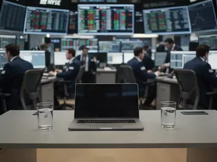 Ein moderner, unscharfer Börsenhandelssaal mit einem leeren Schreibtisch im Vordergrund. - Foto: über boerse-global.de