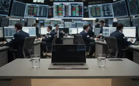 Ein moderner, unscharfer Börsenhandelssaal mit einem leeren Schreibtisch im Vordergrund. - Foto: über boerse-global.de