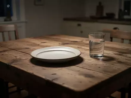 Ein leerer Teller und ein Glas Wasser auf einem Holztisch in einem schwach beleuchteten Raum bei Nacht. - Foto: über boerse-global.de