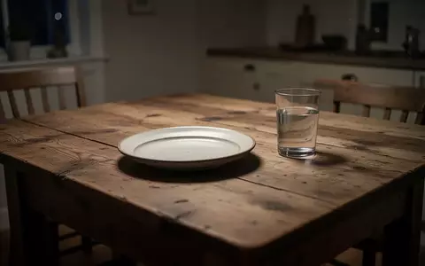 Ein leerer Teller und ein Glas Wasser auf einem Holztisch in einem schwach beleuchteten Raum bei Nacht. - Foto: über boerse-global.de