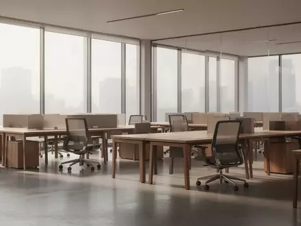 Ein moderner, leerer Büroraum mit Holztischen und Stühlen in einer professionellen, hellen Arbeitsumgebung. - Foto: über boerse-global.de