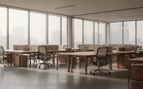 Ein moderner, leerer Büroraum mit Holztischen und Stühlen in einer professionellen, hellen Arbeitsumgebung. - Foto: über boerse-global.de