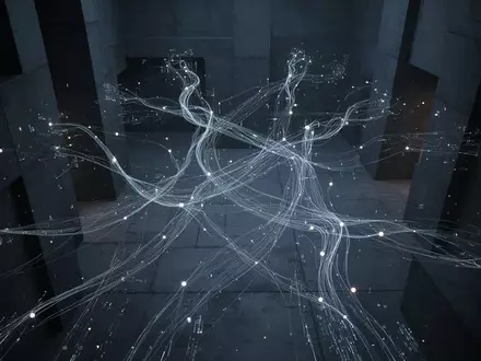 Abstrakte Visualisierung digitaler Netzwerkknoten und Verbindungen in einem minimalistischen, dunklen Raum. - Foto: über boerse-global.de