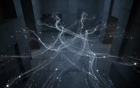 Abstrakte Visualisierung digitaler Netzwerkknoten und Verbindungen in einem minimalistischen, dunklen Raum. - Foto: über boerse-global.de