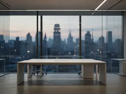 Minimalistisches, modernes Büro-Interieur bei Dämmerung mit Blick auf eine verschwommene Stadtlandschaft. - Foto: über boerse-global.de