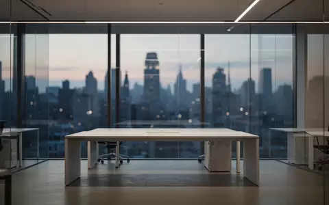 Minimalistisches, modernes Büro-Interieur bei Dämmerung mit Blick auf eine verschwommene Stadtlandschaft. - Foto: über boerse-global.de