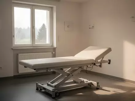 Ein minimalistischer Behandlungsraum in einer deutschen Hausarztpraxis mit natĂŒrlichem Lichteinfall und leerer Untersuchungsliege. - Foto: ĂŒber boerse-global.de