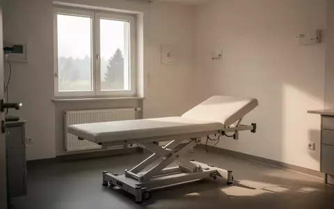 Ein minimalistischer Behandlungsraum in einer deutschen Hausarztpraxis mit natürlichem Lichteinfall und leerer Untersuchungsliege. - Foto: über boerse-global.de