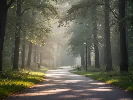 Ein ruhiger, sonnendurchfluteter Waldweg in einem Park, der zu körperlicher Aktivität und Bewegung einlädt. - Foto: über boerse-global.de