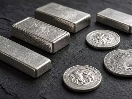 Mehrere physische Silberbarren und Münzen auf einer dunklen Schieferoberfläche bei natürlichem Licht. - Foto: über boerse-global.de