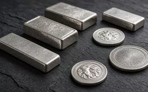 Mehrere physische Silberbarren und Münzen auf einer dunklen Schieferoberfläche bei natürlichem Licht. - Foto: über boerse-global.de