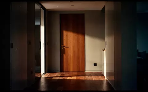 Ein dunkler, minimalistischer Flur mit einer geschlossenen Holztür, die in weiches Dämmerlicht getaucht ist. - Foto: über boerse-global.de