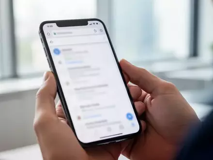 Smartphone in einer Hand gehalten vor einem unscharfen Büro-Hintergrund. - Foto: über boerse-global.de