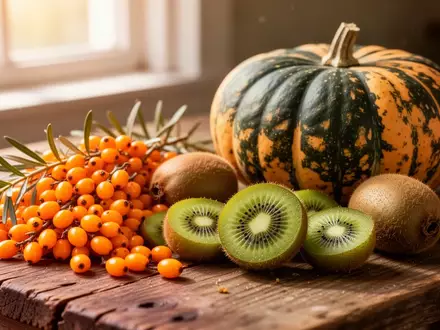 Frisches Obst und Gemüse wie Kiwis, Sanddorn und ein Hokkaido-Kürbis auf einem Holztisch. - Foto: über boerse-global.de