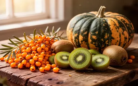 Frisches Obst und Gemüse wie Kiwis, Sanddorn und ein Hokkaido-Kürbis auf einem Holztisch. - Foto: über boerse-global.de