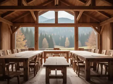 Ein heller, leerer Konferenzraum in einer bayerischen Berghütte mit Holztischen und Blick auf den herbstlichen Wald. - Foto: über boerse-global.de