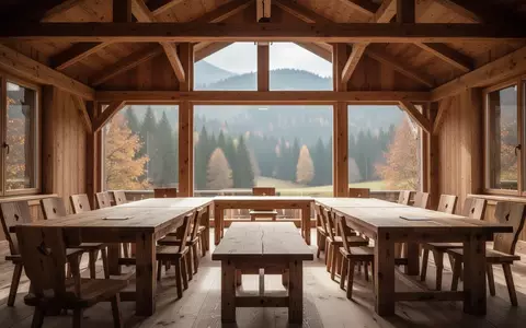 Ein heller, leerer Konferenzraum in einer bayerischen Berghütte mit Holztischen und Blick auf den herbstlichen Wald. - Foto: über boerse-global.de