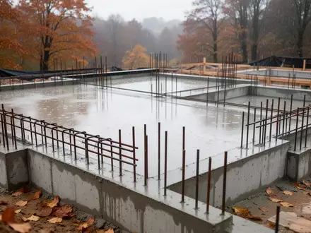 Betonfundament einer Baustelle mit freiliegenden Bewehrungsstählen bei bewölktem Wetter. - Foto: über boerse-global.de