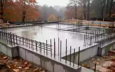 Betonfundament einer Baustelle mit freiliegenden Bewehrungsstählen bei bewölktem Wetter. - Foto: über boerse-global.de
