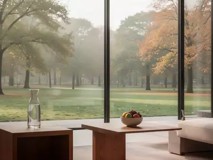 Ein lichtdurchfluteter, minimalistischer Wohnraum mit Blick in einen herbstlichen Park, der eine ruhige und gesunde Atmosphäre vermittelt. - Foto: über boerse-global.de