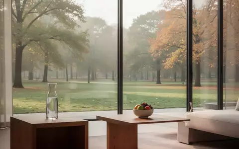Ein lichtdurchfluteter, minimalistischer Wohnraum mit Blick in einen herbstlichen Park, der eine ruhige und gesunde Atmosphäre vermittelt. - Foto: über boerse-global.de
