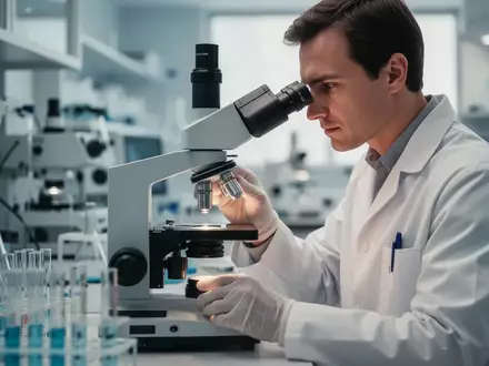 Wissenschaftler bei der Arbeit an einem Mikroskop in einem modernen medizinischen Forschungslabor. - Foto: über boerse-global.de