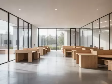 Ein minimalistisch gestalteter, heller Arbeitsraum mit modernen Holzmöbeln und großen Fensterfronten. - Foto: über boerse-global.de