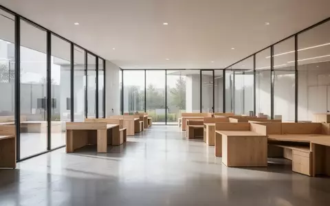 Ein minimalistisch gestalteter, heller Arbeitsraum mit modernen Holzmöbeln und großen Fensterfronten. - Foto: über boerse-global.de