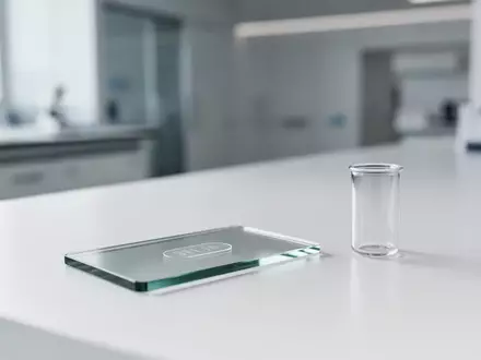 Ein steriler, minimalistischer Labortisch mit einem leeren Objektträger und einem Glasröhrchen vor einem neutralen Hintergrund. - Foto: über boerse-global.de