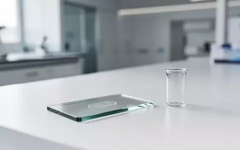 Ein steriler, minimalistischer Labortisch mit einem leeren Objektträger und einem Glasröhrchen vor einem neutralen Hintergrund. - Foto: über boerse-global.de