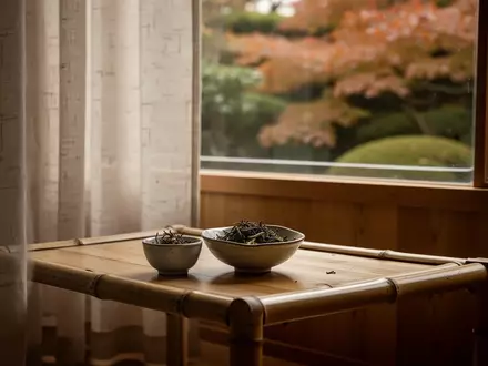 Ein ruhiger, minimalistischer Raum mit Holzelementen und herbstlichem Ausblick durch ein Fenster, Fokus auf eine kleine Keramikschale. - Foto: über boerse-global.de
