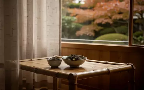 Ein ruhiger, minimalistischer Raum mit Holzelementen und herbstlichem Ausblick durch ein Fenster, Fokus auf eine kleine Keramikschale. - Foto: über boerse-global.de
