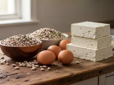Eine Auswahl proteinreicher Lebensmittel wie Hülsenfrüchte, Eier und Tofu auf einer hölzernen Arbeitsplatte. - Foto: über boerse-global.de