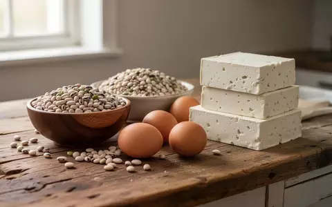 Eine Auswahl proteinreicher Lebensmittel wie Hülsenfrüchte, Eier und Tofu auf einer hölzernen Arbeitsplatte. - Foto: über boerse-global.de