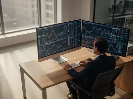 Ein Finanzexperte arbeitet in einem modernen Büro an einem Computer mit abstrakten Marktdaten. - Foto: über boerse-global.de