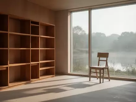 Ein minimalistisch eingerichteter, sonnendurchfluteter Raum mit einem leeren Holzregal und Blick auf eine ruhige Naturlandschaft. - Foto: über boerse-global.de