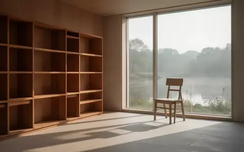 Ein minimalistisch eingerichteter, sonnendurchfluteter Raum mit einem leeren Holzregal und Blick auf eine ruhige Naturlandschaft. - Foto: über boerse-global.de