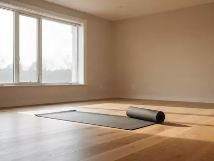 Ein heller, minimalistischer Wohnraum mit einer ausgerollten Yogamatte auf dem Boden bei natürlichem Tageslicht. - Foto: über boerse-global.de