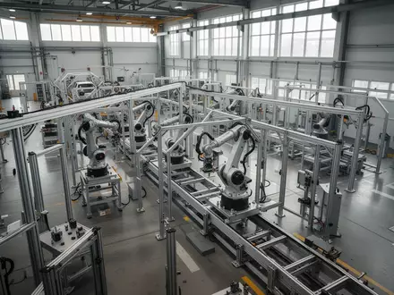 Moderne Montagehalle in einem Automobilwerk mit industriellen Fertigungsanlagen und präzisen Maschinenstrukturen. - Foto: über boerse-global.de