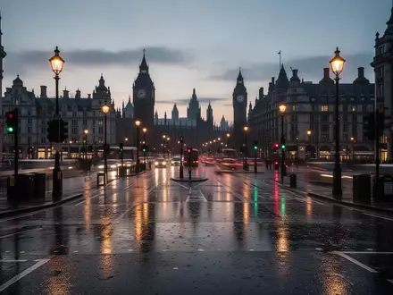 Eine belebte Londoner Straßenkreuzung in der Dämmerung mit nassem Asphalt und historischer Architektur. - Foto: über boerse-global.de