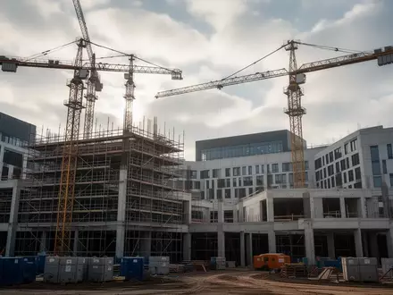 Baustelle an einem Krankenhauskomplex mit Kränen und Gerüsten vor einem bewölkten Himmel. - Foto: über boerse-global.de